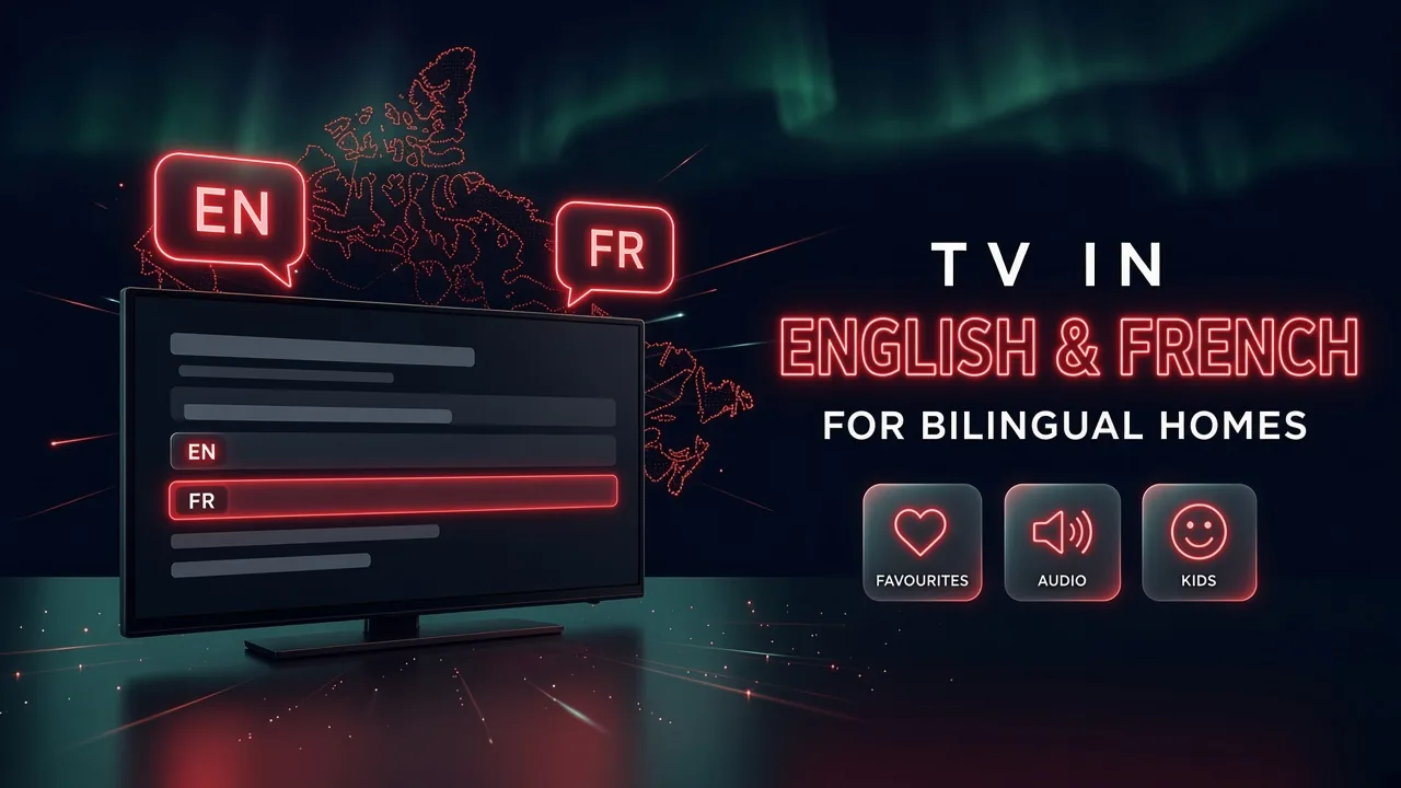 A TV guide with rows marked EN and FR under two speech bubbles, with the title TV in English and French for bilingual homes