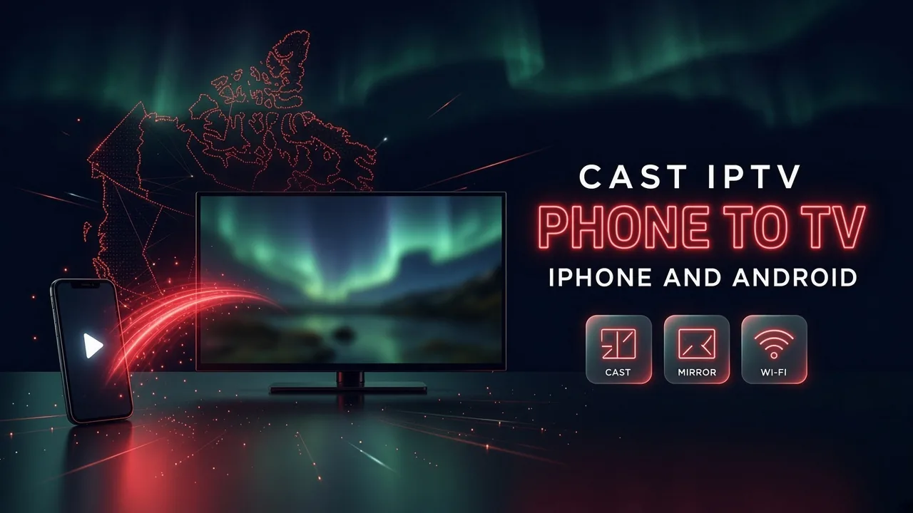 A phone sending a live picture to a large TV through a glowing wireless arc, with the title Cast IPTV from your phone to your TV