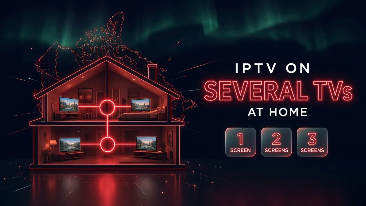 A cut-away house with TVs in several rooms linked to one connection, with the title IPTV on several TVs at home