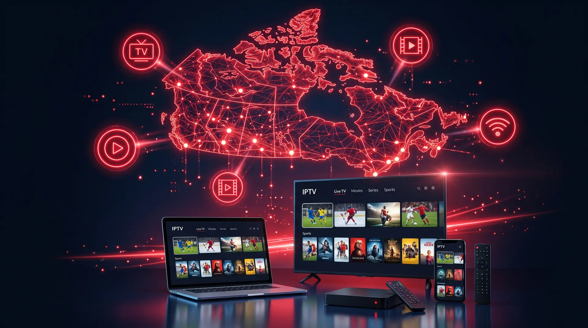 IPTV app with live TV, movies, series and sports on a smart TV, laptop, phone and streaming box, streaming across Canada
