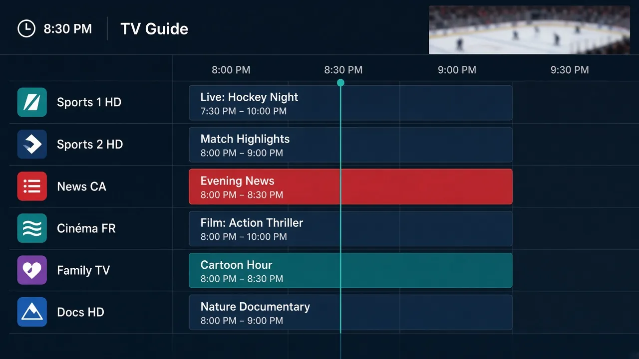 Illustration of an IPTV TV guide: channels on the left and a timeline of programmes from 8 to 9:30 p.m. on the right