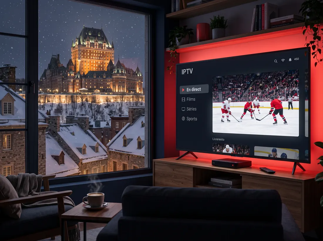 Live hockey in French on an IPTV app, in a Québec City apartment overlooking the snowy old town