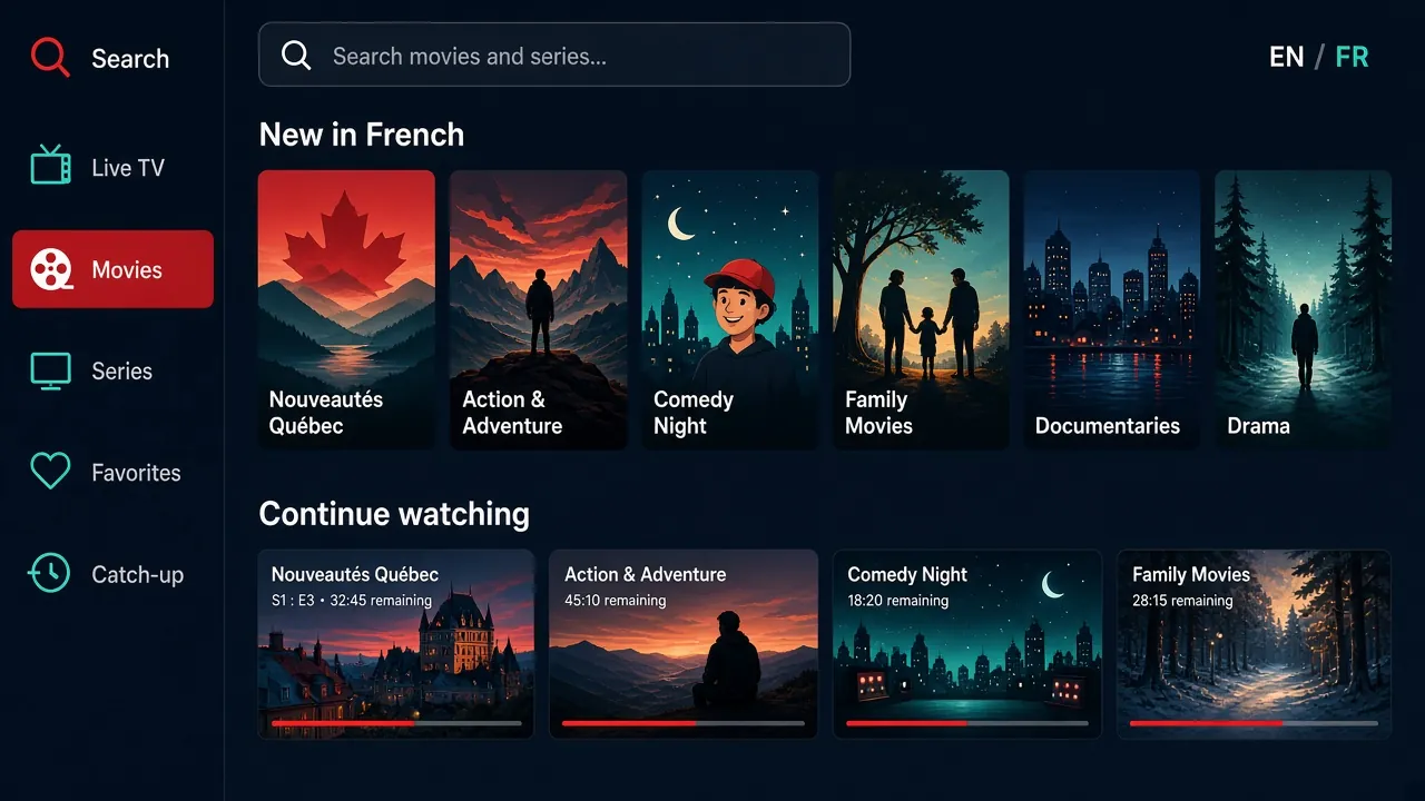 Illustration of an IPTV movie library with poster rows, a search bar and a Continue watching row